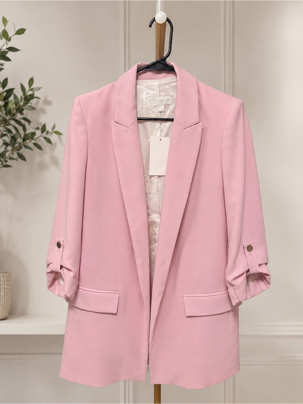 NWT ZARA Dusty Rose Longline Blazer 3/4 Ruched Sleeves Size M